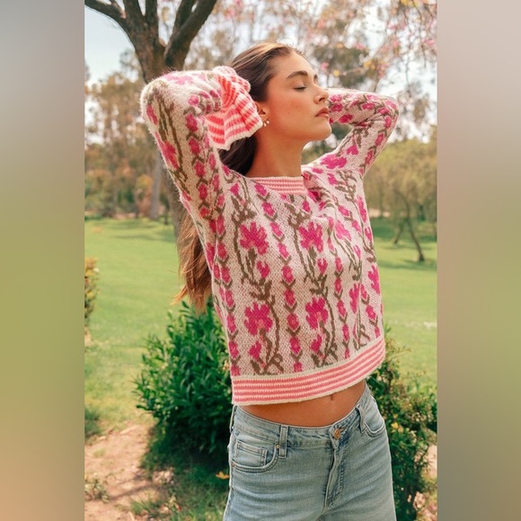 Fuchsia pink floral intarsia Puff striped Sleeve boho bohemian ribbed sweater - Picture 5 of 12